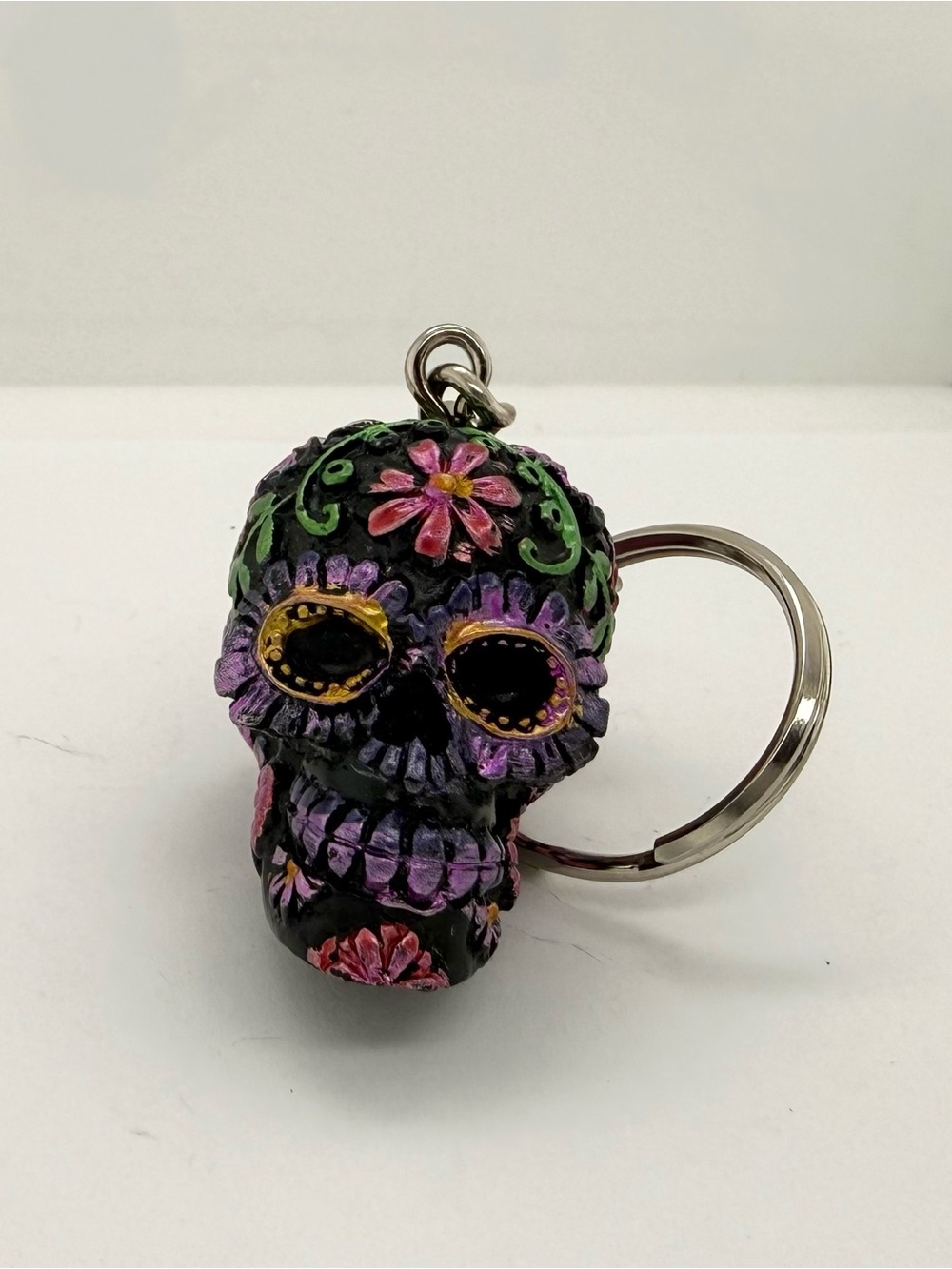Sugar Skull Keychain - Black with Purple & Pink Floral Accents
